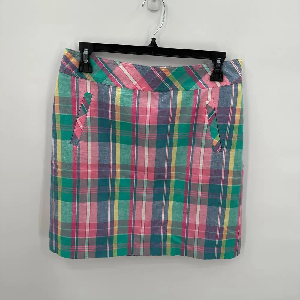 Talbots Madras Pastel Plaid Linen Cotton Blend Skirt // 2
